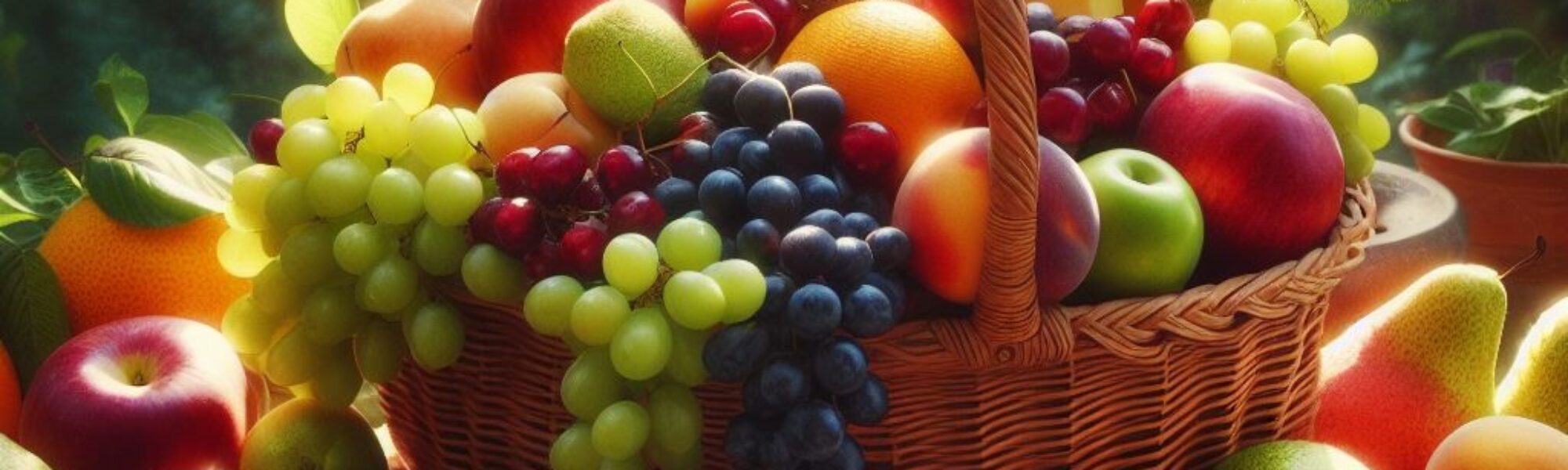 Fruit in a basket with sun rays