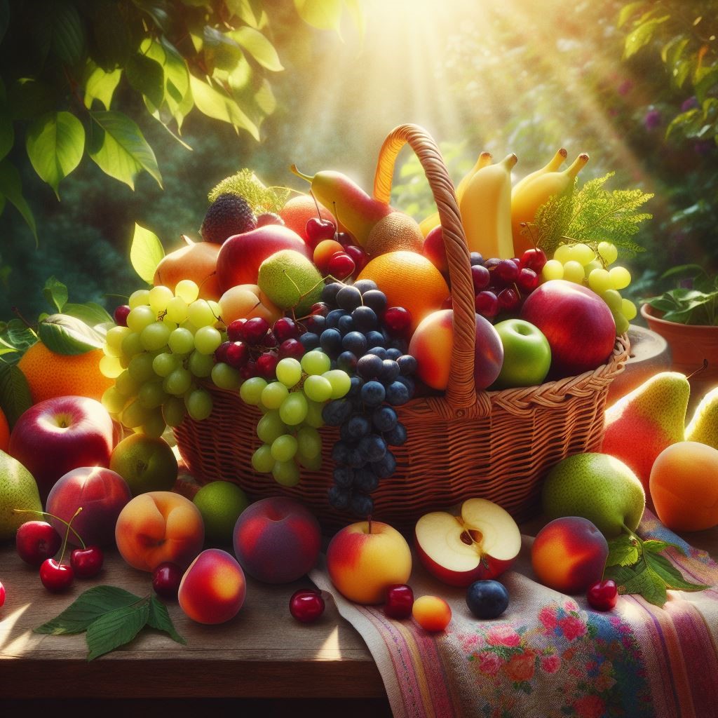 Fruit in a basket with sun rays