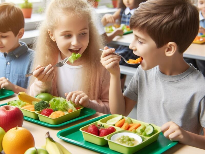 Children eating fruit and vegetables at school